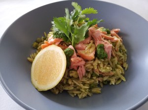 Smoked salmon & pea risoni with coriander mojo